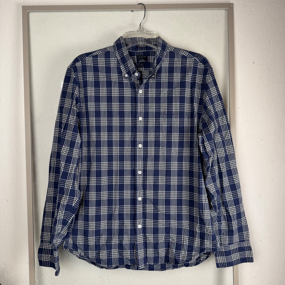 J.Crew Button Down Shirt Mens Large Navy Blue Slim Untucked Plaid Flex‎ Preppy